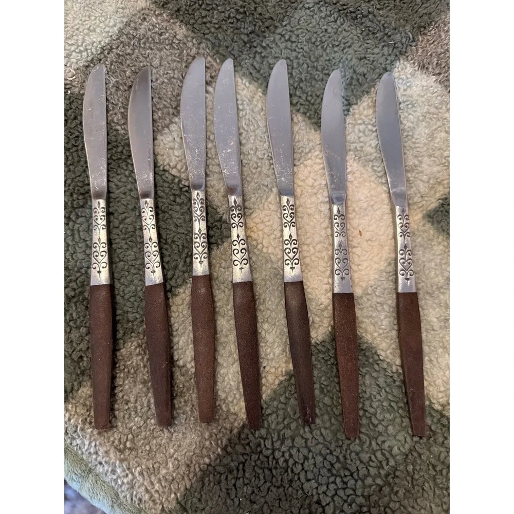 7 Interpur INR2 Stainless Knives Brown Faux Wood Handle Flatware MCM Japan